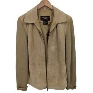 VTG Y2K Women’s L Tan Suede Leather Jacket Ribbed Knit Sleeves Zip